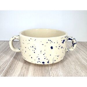Vintage Blue Speckled Stoneware Soup Crock Bowl Double Handle Farmhouse
